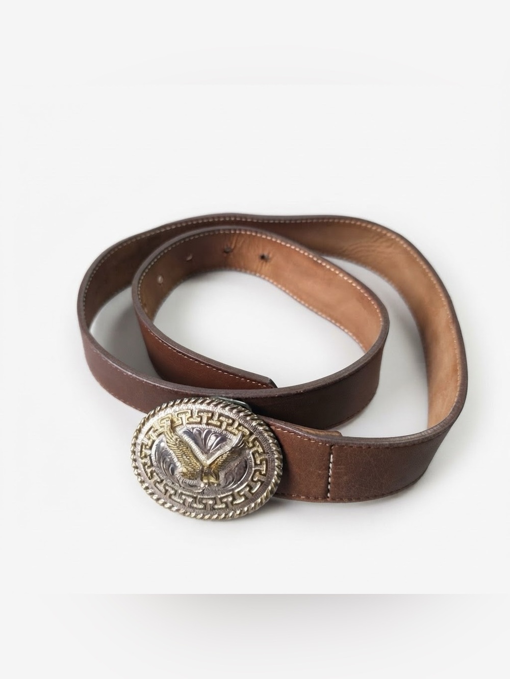 J.Crew Brown Leather Belt Size 32 with Silver Strike Eagle Buckle